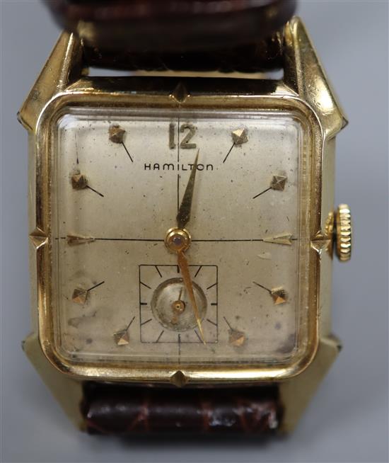 A gentlemans 10k gold filled Hamilton rectangular cased manual wind wrist watch,